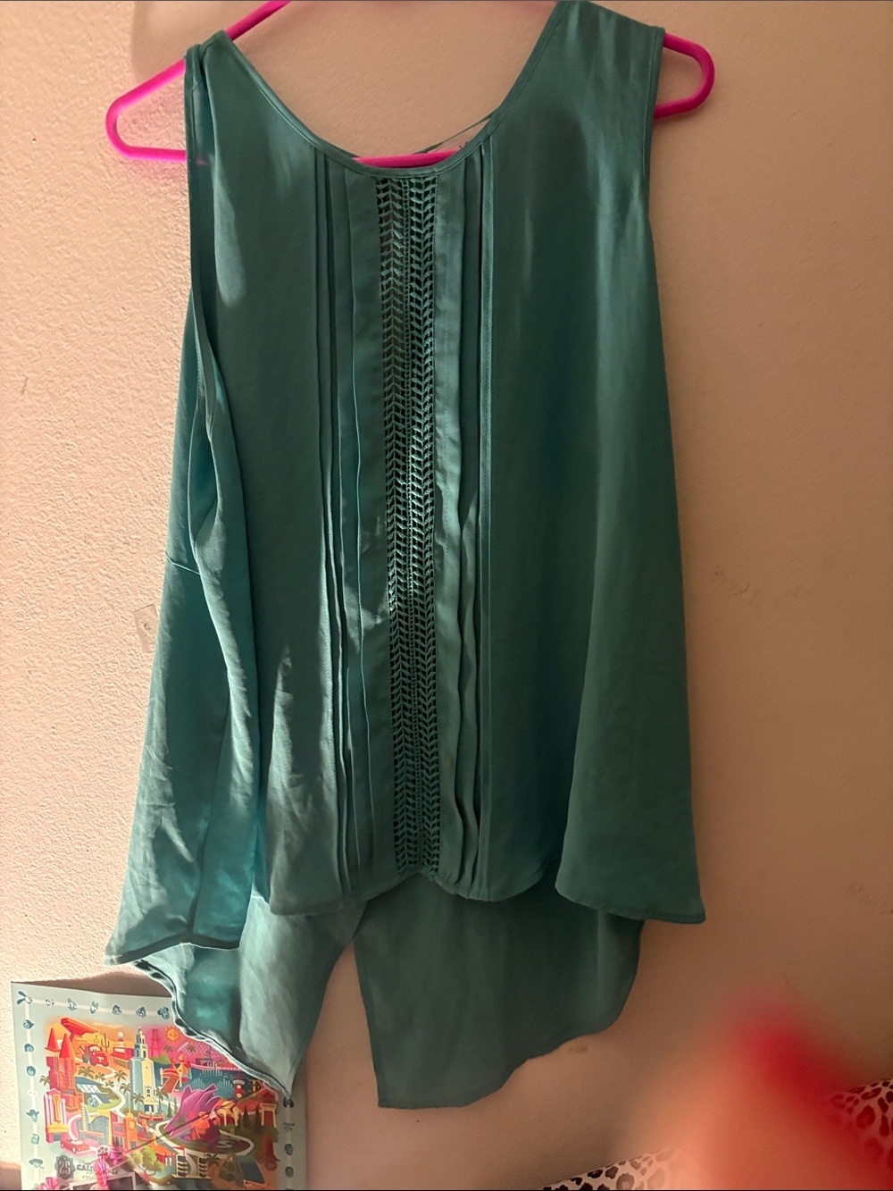 Lush Teal Sleeveless High-Low Blouse with Center Lace Panel